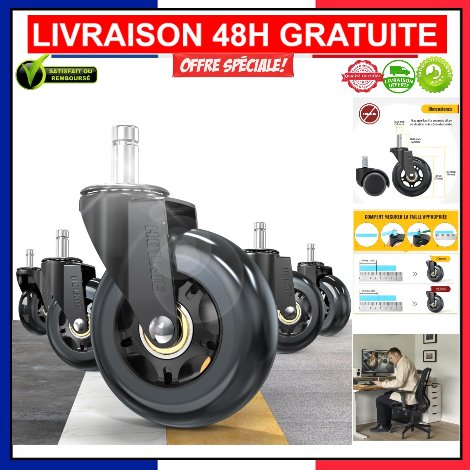 Roulettes de chaise bureau anti rayure pour protéger les sols