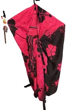 Hawaii Hibiscus Black & Pink W/Fringe Beachwear Wrap Sarong Pareo