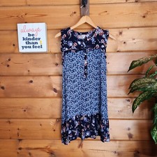 Loft Beach Blue Floral Mini Dress Pleated Ruffle Prairie Shift Batik Button Sz S