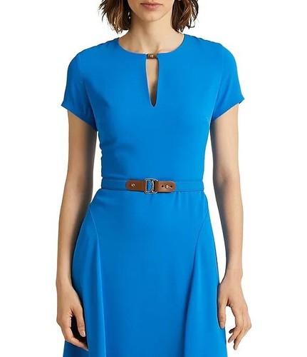 LAUREN Ralph Lauren Split V-Neck Keyhole Belted Georgette Dress Tropic Roy SZ.12 - Picture 3 of 10