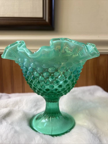 VTG FENTON GREEN OPALESCENT BLUE HOBNAIL VASE COMPOTE URANIUM VASELINE GLASS