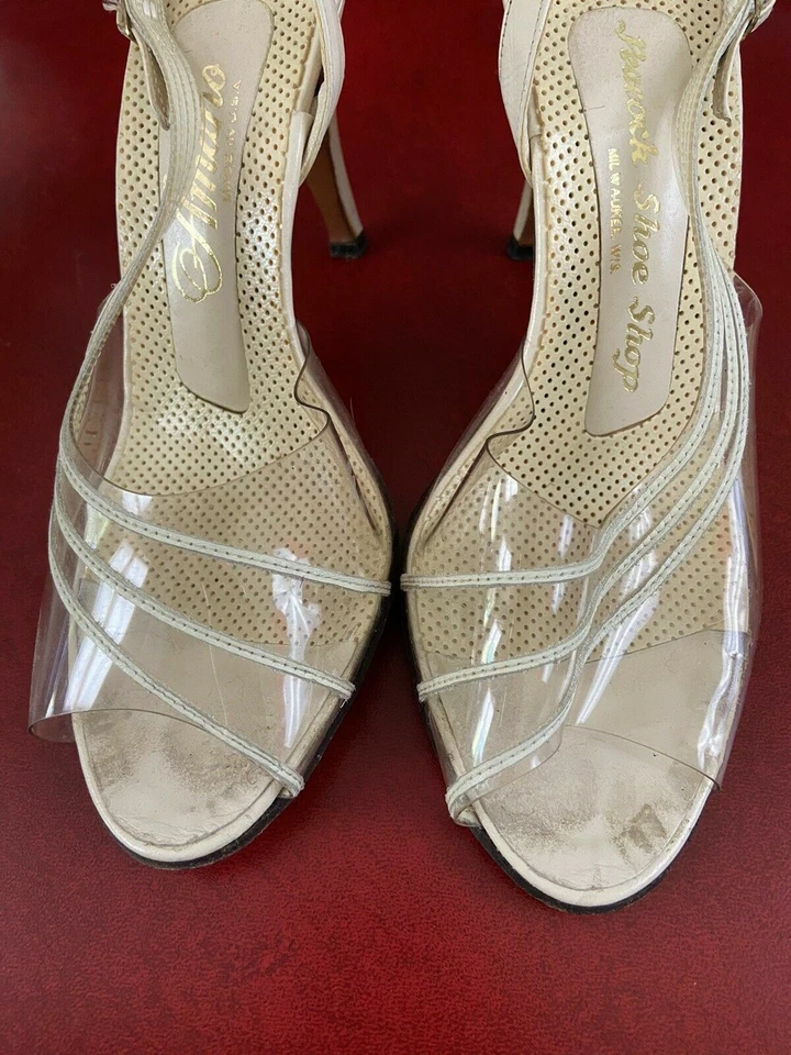 Vintage AMANO Clear Peep Toe Slingback Heels 1960's Wedding Shoes size 7 Prom - Image 4 of 4