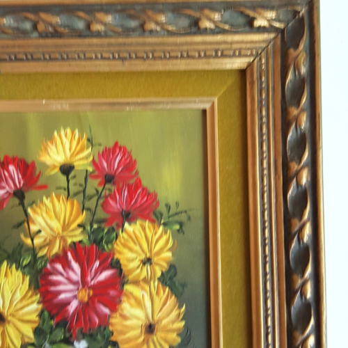 Vintage Blumen Ölgemälde gelb rot Blumen antik gold Holzrahmen signiert - Bild 6 von 18
