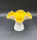 Vintage ~ Kanawha White Milk Glass Diamond Pattern Vase Yellow Ruffled Edge