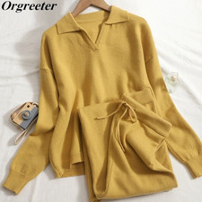 Knitted Tracksuit Women Autumn V-neck WarmSweater Pants TwoPiece Set Pullovers