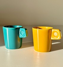 2 Vintage Habitat Pila Design Expresso Cups Dark Teal Blue and Mustard Colour