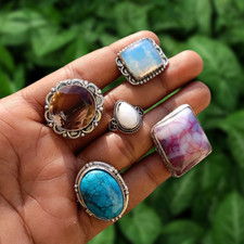 Wow Turquoise  Mix Gemstone 5PCS Rings 925 Silver Plated Wholesale Lot Jewelry