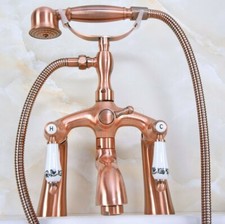 Antique Red Copper Ceramic Handle Deck Mount Clawfoot Bathtub Faucet Hand Shower