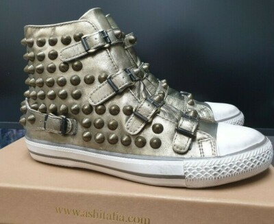 Ash Women's Vogue Studded Leather Sneaker Gold Metal Calf 100