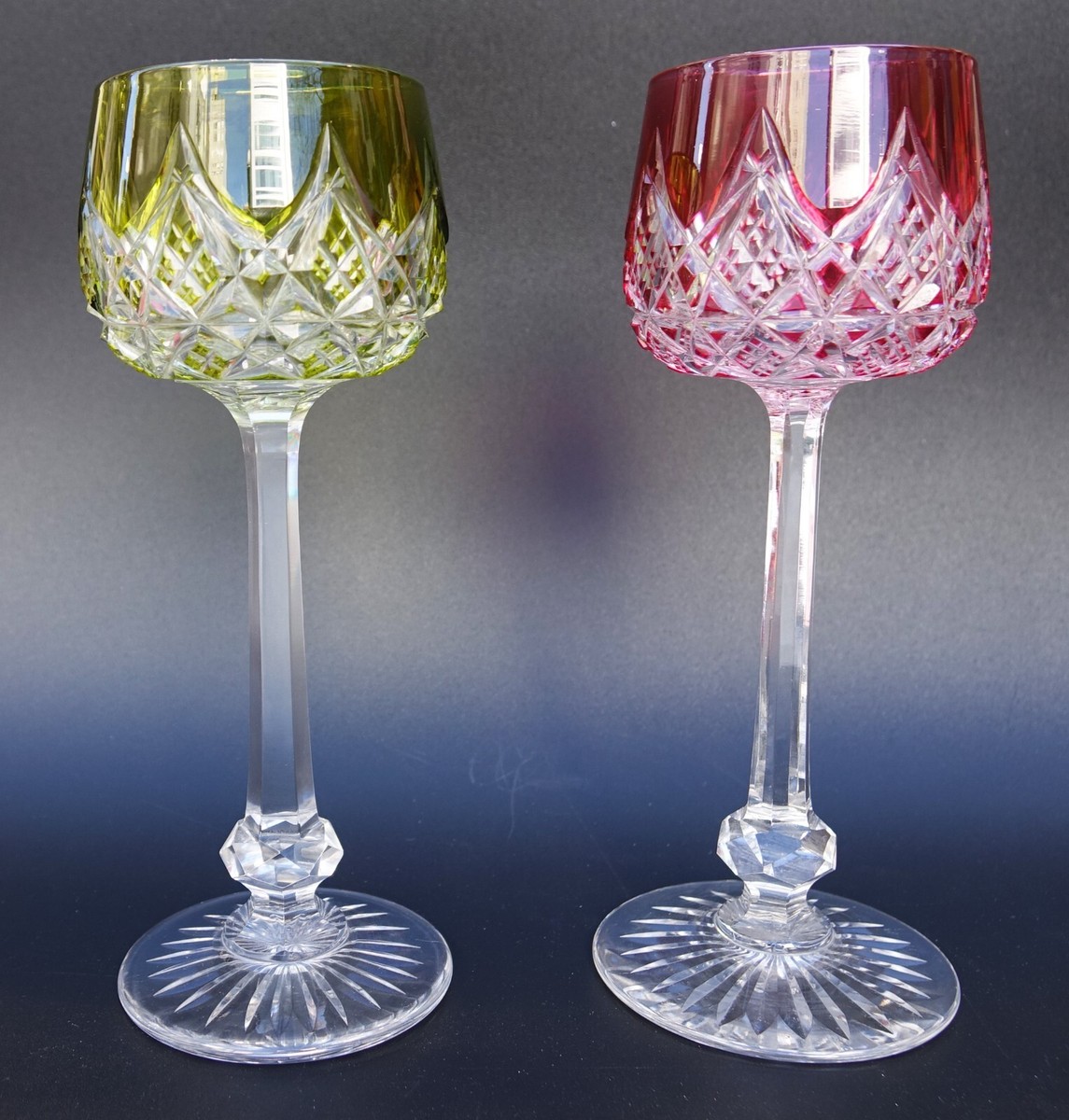 PAIR FRENCH Baccarat COLBERT Green & Red Color Cut Crystal Hoock Wine Glass