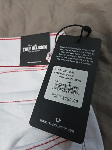 Jeans True Religion Uomo Taglia 36x34 Bianco Ottico Ricky Relaxed Dritto NUOVO - Foto 7 di 10