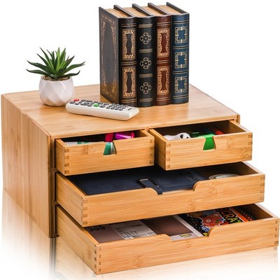 DEAYOU Bamboo Desk Organizer w/ 4 Drawers, Natural Wood Office Storage Box, 3-La