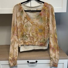 Anthropologie The Dreamer Printed V-Neck Cropped Linen Blend Sweater Size Small