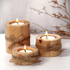 3x Wooden Candle Holder Set Bow Decor Flower Pot Rustic Home Table Display Gift