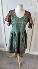 Women's Brown Green Embroidered Sequin Party Skater Dress Vintage UK 12 M B14
