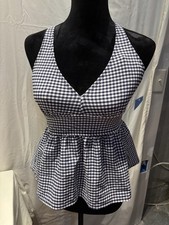 Draper James Tankini Swimsuit, Navy Gingham, Halter Style, Top Only, Size L, NWT
