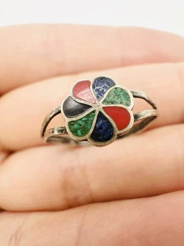 Vintage Sterling Silver Southwestern Gemstone Inlay Ring Size 5