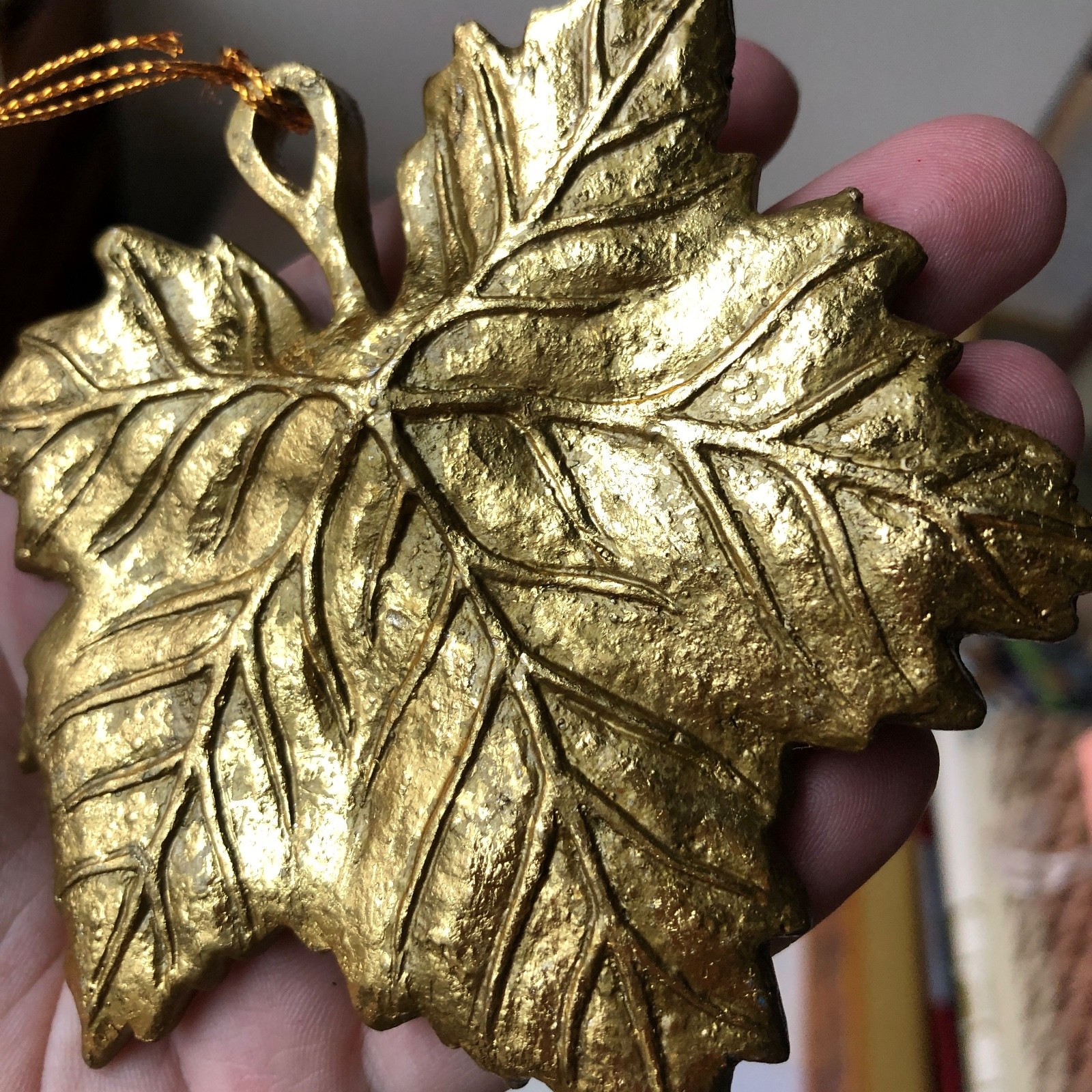 Vintage Gold Tone Gilt Wood Maple Leaf Christmas Ornament Pendant