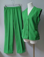 Vintage 70's Alex Coleman MOD Green Bell Bottom Pantsuit Set Pants Top S/M