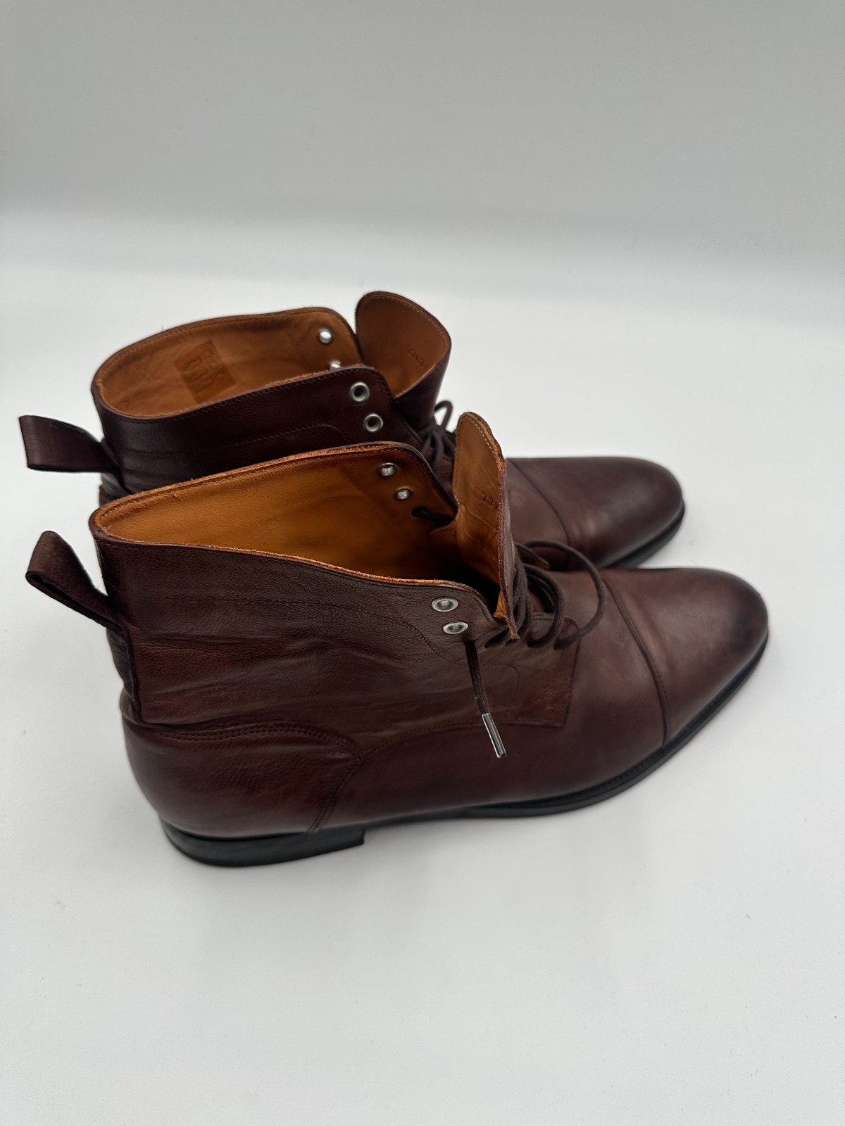 Mens Boots US 12 Coffee Brown Faux Leather Lace Up Cap Toe Ankle Boots
