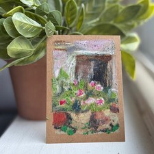 Original ACEO Oil Pastel Cactus Series #4 Pink Cactus Garden Mini Painting