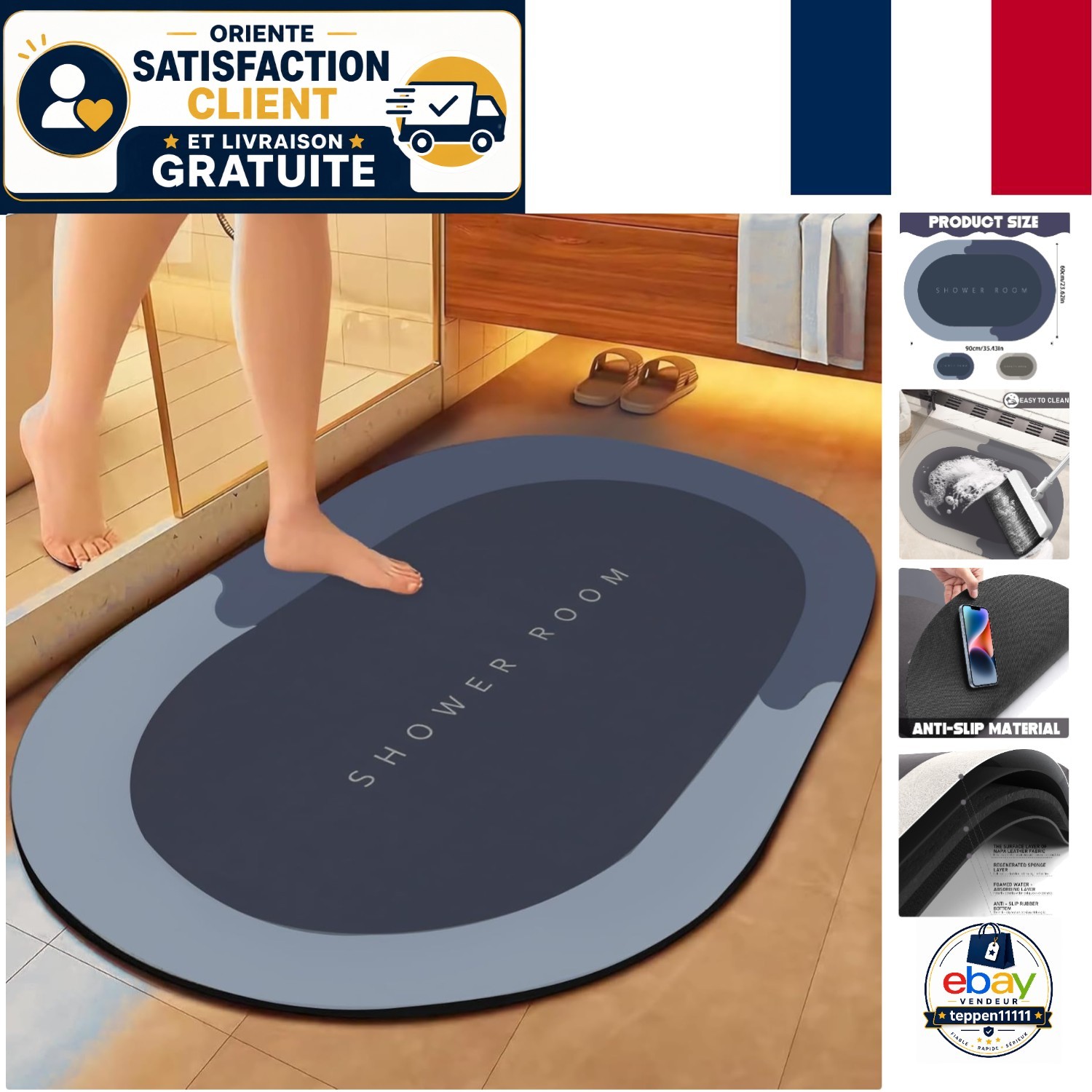 Tapis de douche en terre de diatomée 60x90 cm pour sortie de bain