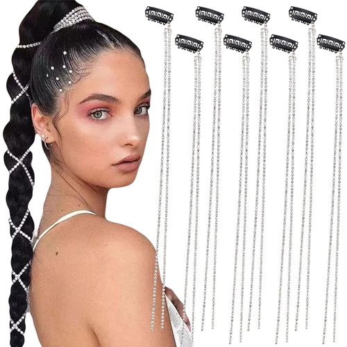 8 Pieces Long Rhinestone Hair Chains,Punk Tassel Hair Clips Bling Crystal Hair E