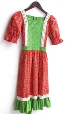 Children's traditional dress red and green floral with lace trim approx size 158