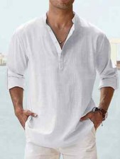 Men Casual Shirt Long Sleeve Cotton Solid Linen Beach T Shirt Lightweight Tops