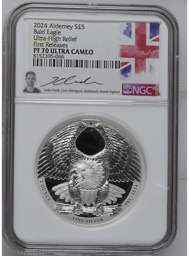 2024 2oz Silver Alderney Bald Eagle NGC PF70 UCAM FR Jody Clark Signed