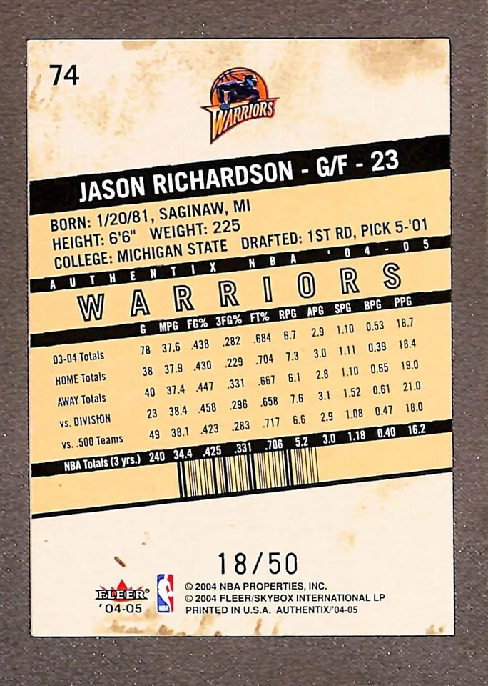 Mezzanine Fleer Authentix 2004-05 #74 Jason Richardson lámina azul/50 Foto 2 de 3