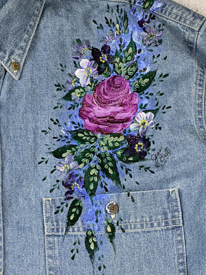 Three Rivers Mens L Denim Shirt Hand Painted Acrylic Flowers Art to wear Bull