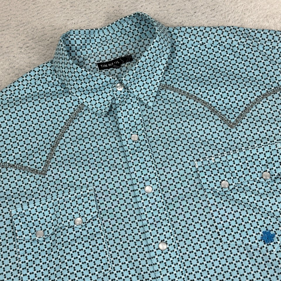 Tin Haul Long Sleeve Geometric Pearl Snap Shirt Men's XL Blue