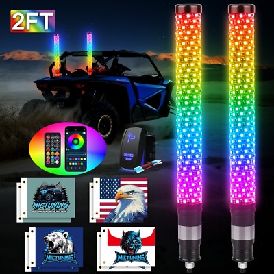 2X 2FT Fat Whip Lights, LED Whip Lights,Spiral RGB Chasing Lighted Antenna Whips