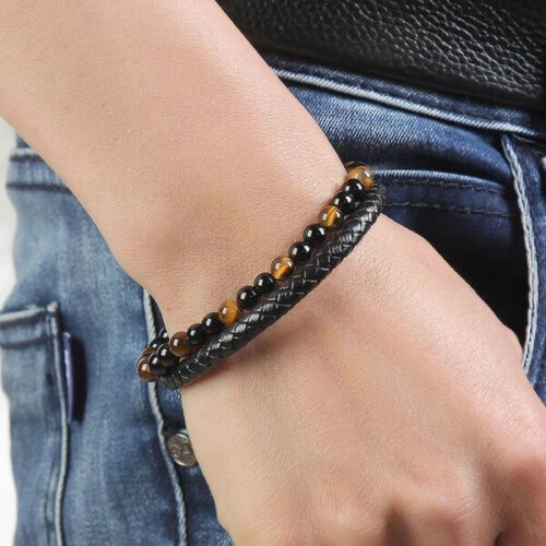 Men's Natural Tiger's Eye Braided Leather Wrap Magnetic Bracelet Clasp Bangle - Picture 2 of 5