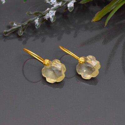 Lemon quartz 10 mm flower- 22k Gold Dangle earrings for women valentine gift