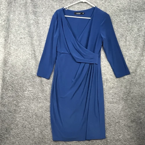 Ralph Lauren Dress Womens Size 12 Blue Cocktail Career Classic Sheath Faux Wrap