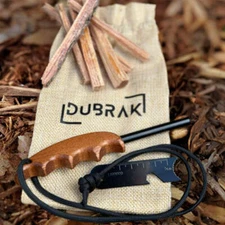 Dubrak Wood Handle Ferro Rod Fire Starter Flint + Fatwood + Burlap Bag