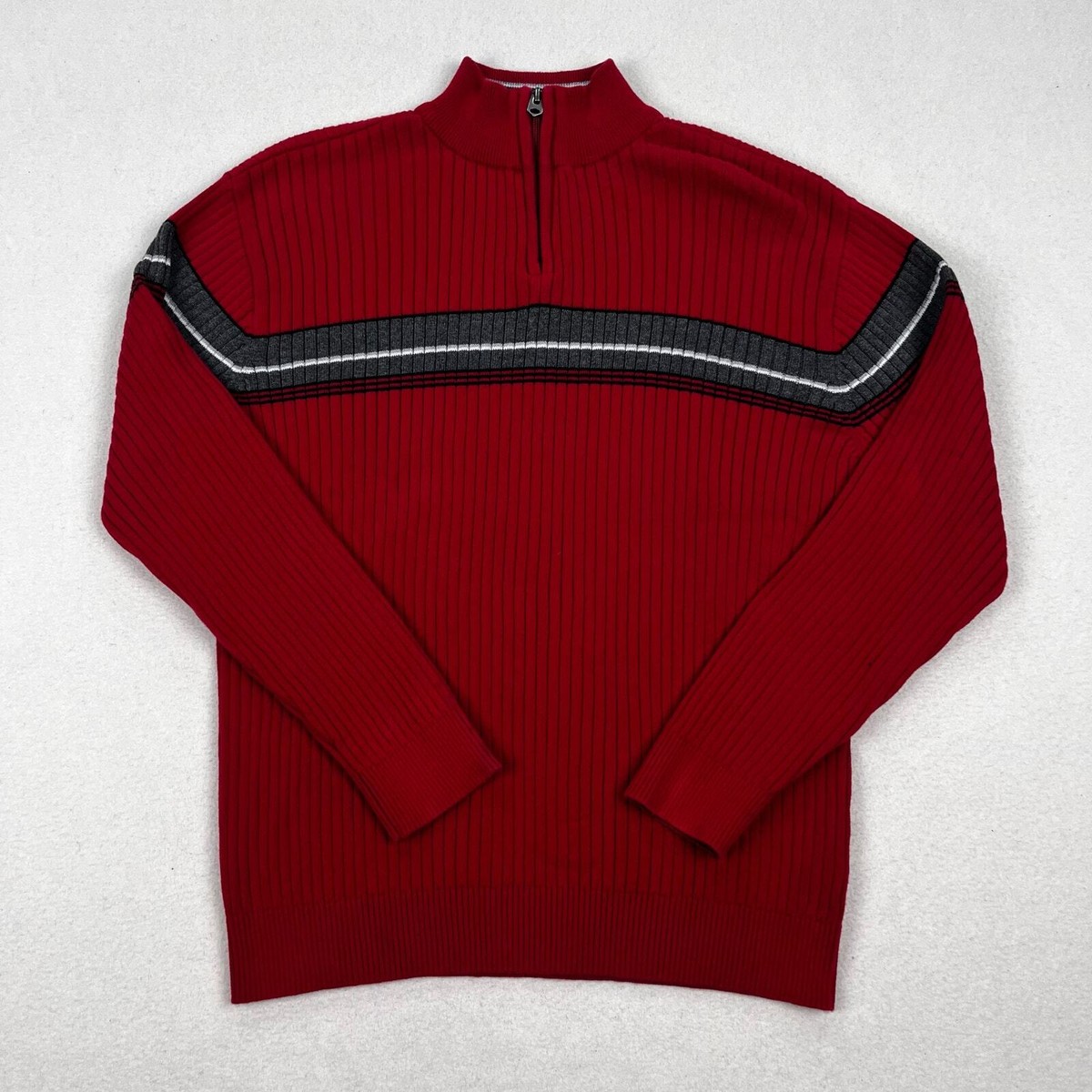 Vintage XG Sweater Size Large Red Grey Stripe Ribbed 1/4 Zip