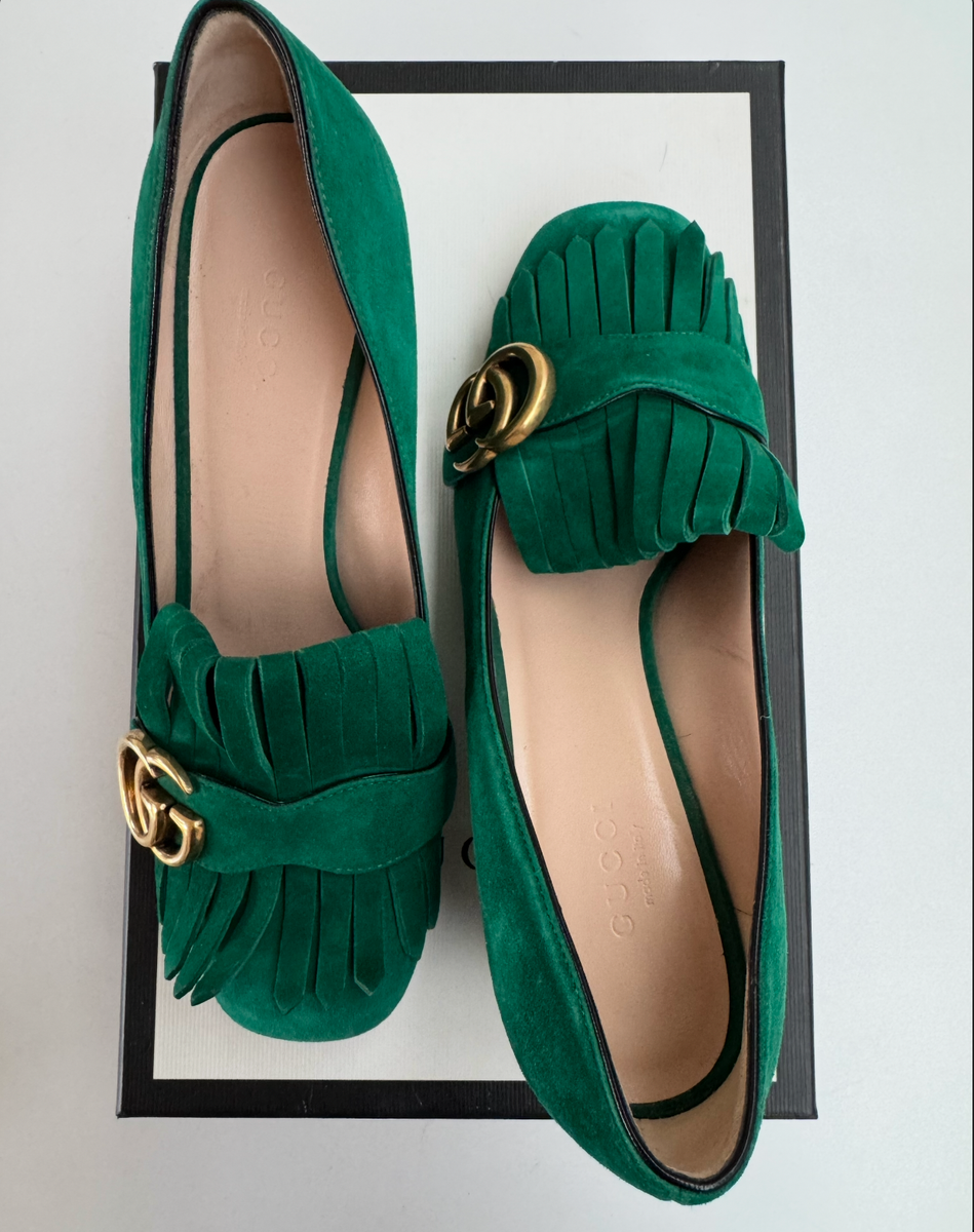 Gucci Suede Marmont Mid Pumps Heels Emerald Green 36.5 Pristine 9