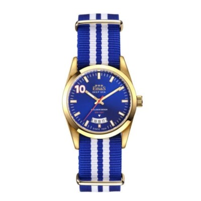 Emas 'Deep Sea'' Quarz Stahl Gold Datum Blau Weiß Stoff Unisex Uhr