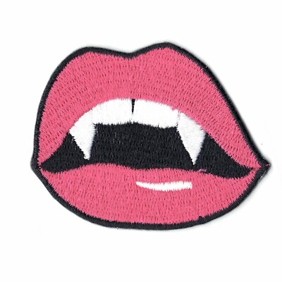 Pink Vampire Girl Lips Emoji Embroidered Iron on Patch