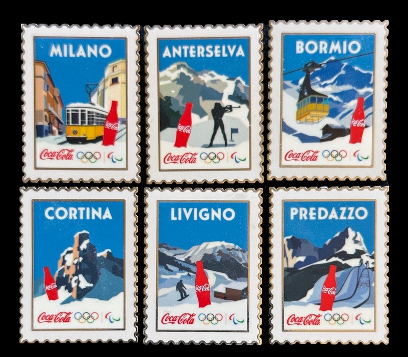 MILANO CORTINA 2026 OLYMPIC GAMES PINS. SET OF 6 OLYMPIC HOST CITIES. COCA COLA