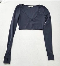 Joah Brown Crop V Neck Long Sleeve With Thumb Holes Modal Fabric Sexy Size X/S