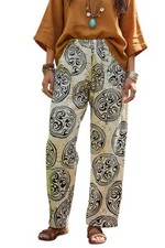 Vintage Boho Wide Leg Pants Abstract Print Elastic Waist Pockets Sz L