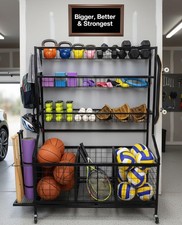 Sports Equipment Organizer, Rolling Sports Ball Storage Garage Rack with Larg...