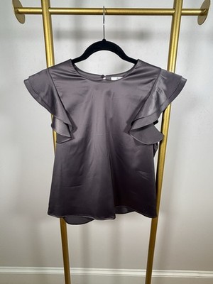 Soprano Silky Gray Flutter Sleeve Pullover Blouse Women s Medium