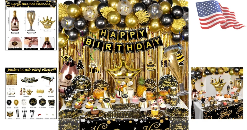 Elegant Black and Gold Birthday Party Supplies Set - 158 Pieces for Men & Women - Image 2 of 4