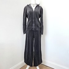 Y2K Velour Tracksuit Set Medium Charcoal Gray Zip Jacket Pants Travel Lounge Vtg