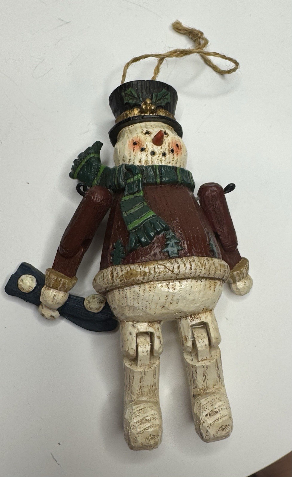 Christmas Ornament SNOWMAN Faux Wood Movable Arms Legs Hanging Decor